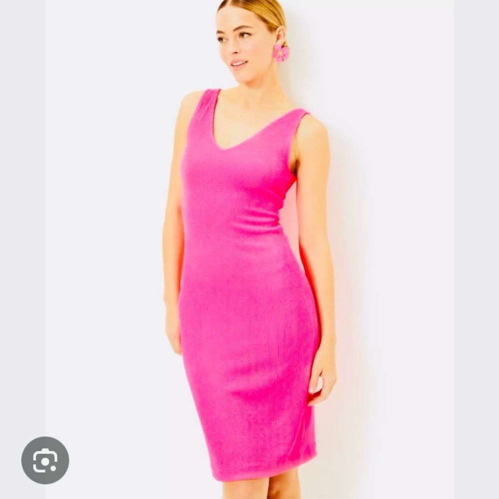 Lilly Pulitzer Stassi Knee Length Textured Scrunch Dress In Roxie Pink, NWT Sz M